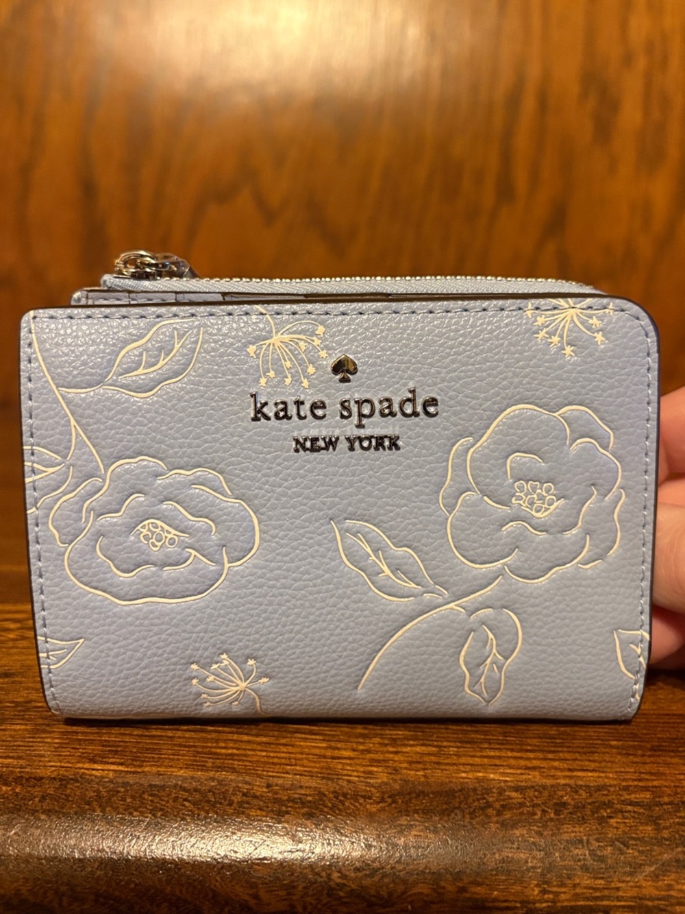 NWT-Kate Spade-Small L-Zip Wallet-Floral Embossed-North Star Blue-$209